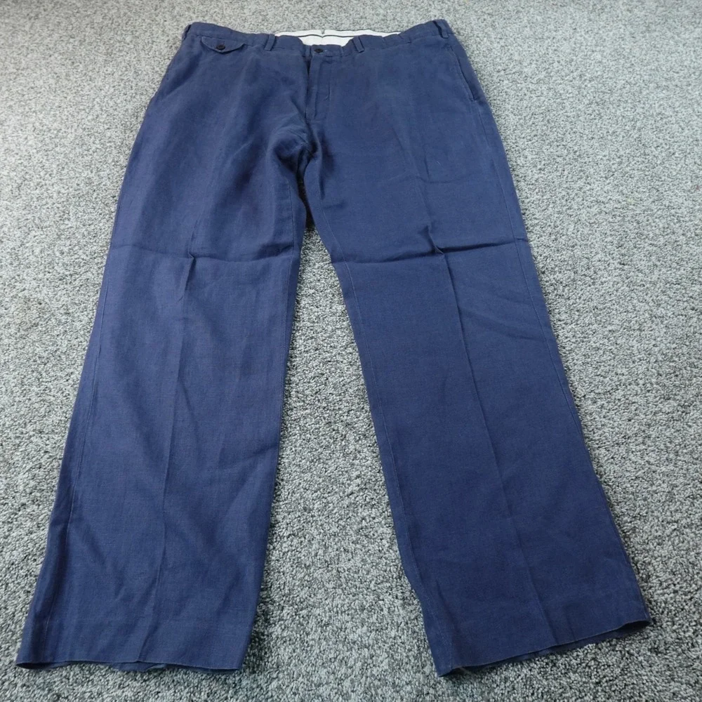 VTG Polo Ralph Lauren Pants Mens 42X32 Blue Linen Chambray Preston Chino Trouser
